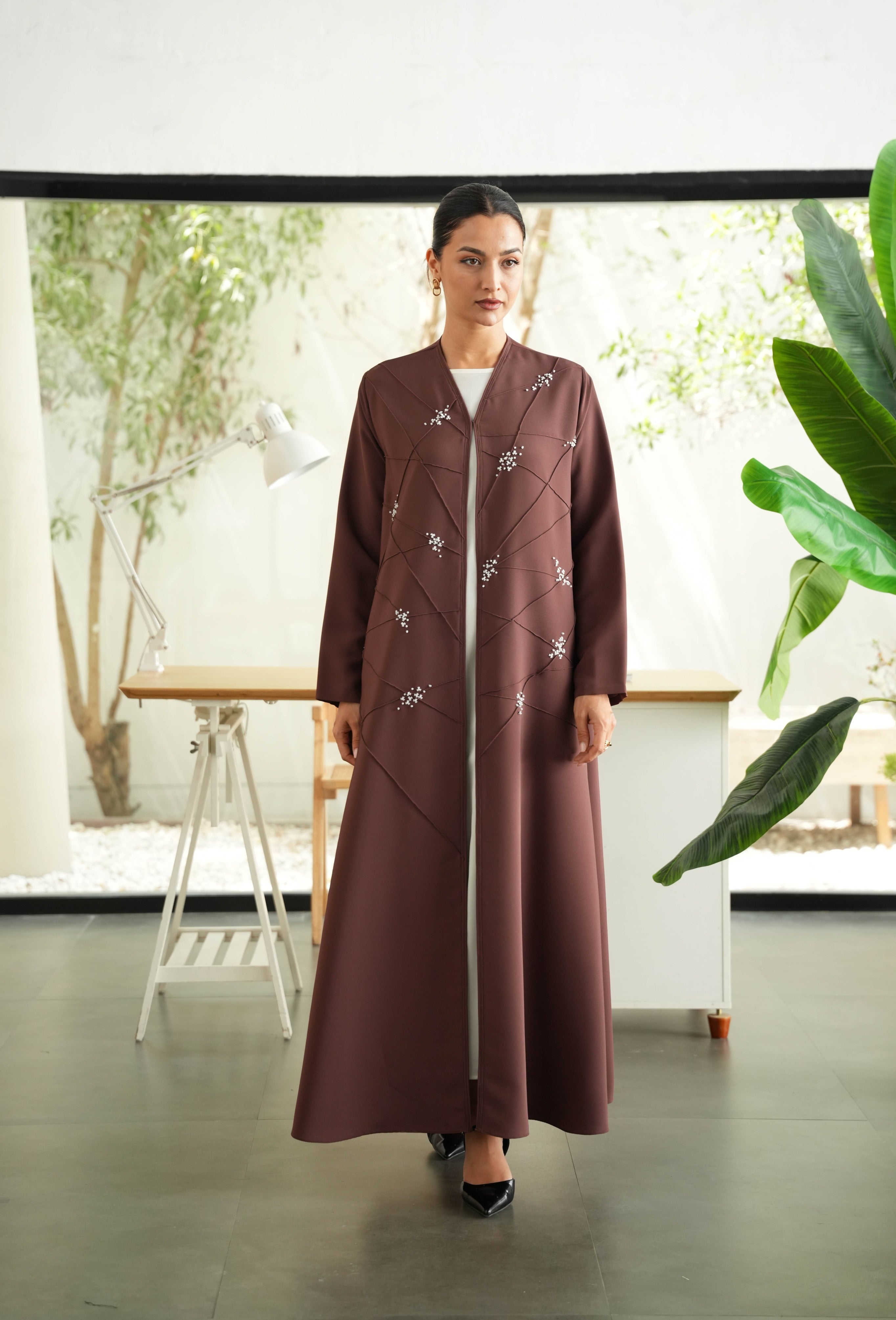 FAYE Mocha Brown Italian Crepe Abaya FM 1106